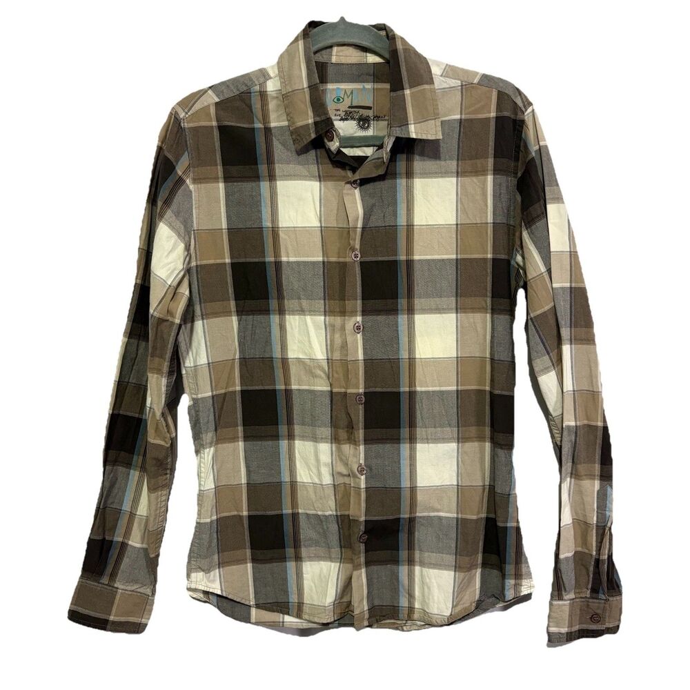 Topman Top Man Shirt Small Long Sleeve Button Up Plaid Tan Gray Casual Outdoors